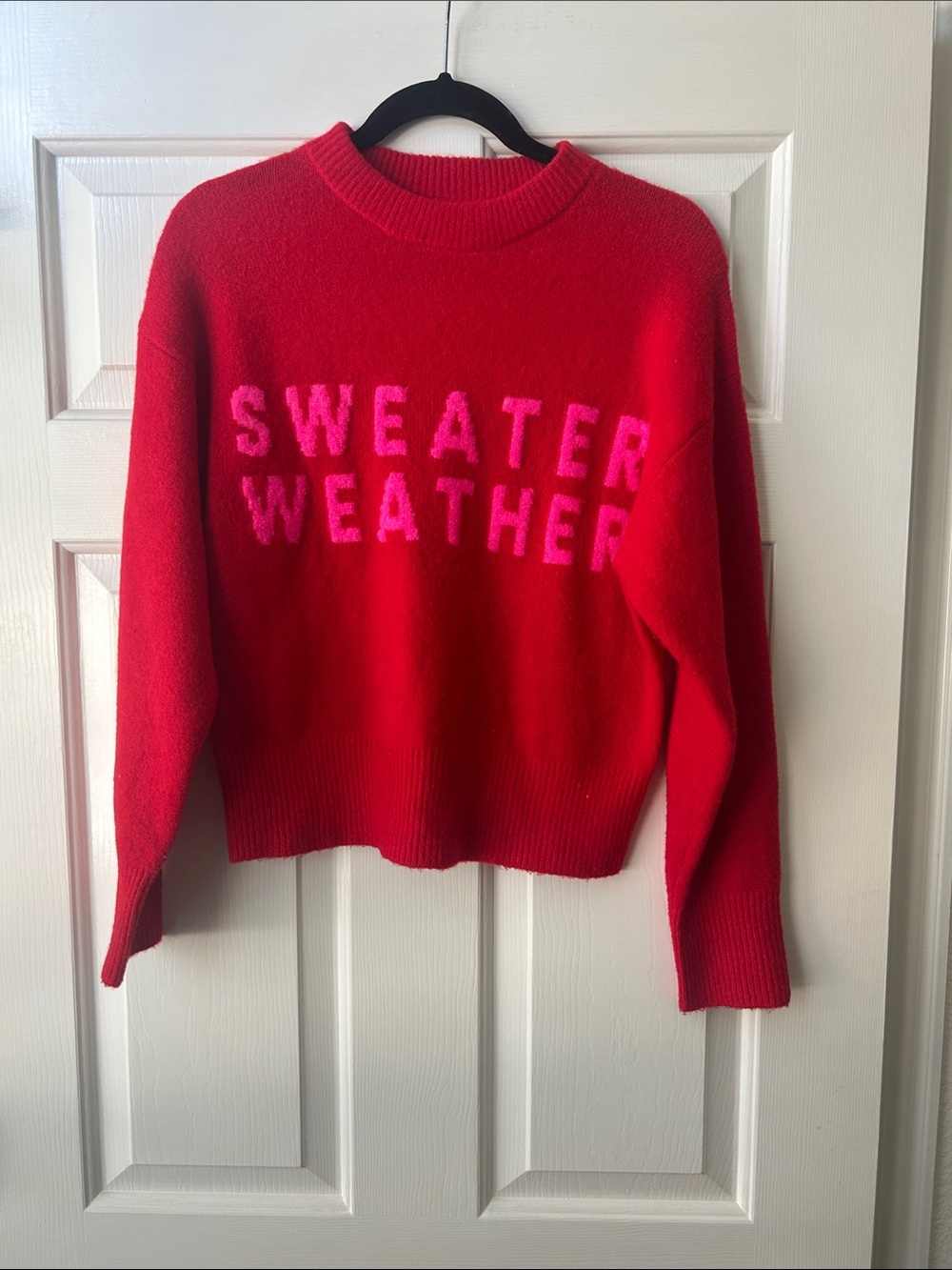 Women's Red Crewneck Sweater with Pink 'Sweater Weather' Text